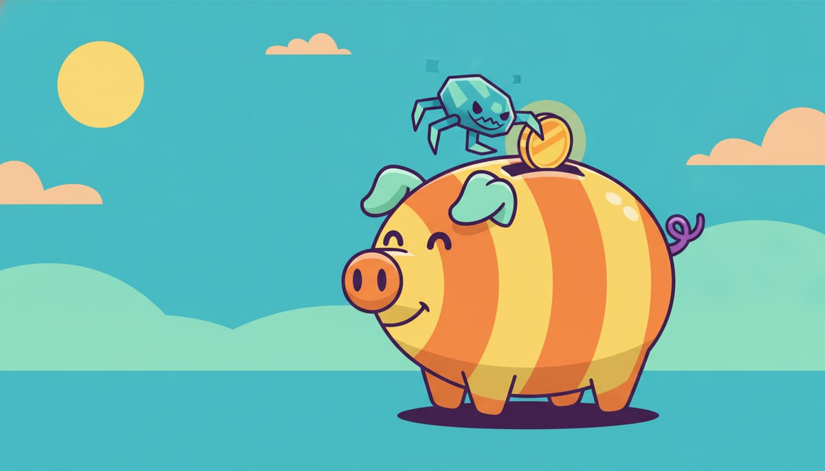 A mischievous, almost invisible digital "bug" with tiny claw-like legs is attempting to crack open a brightly colored, cartoonish piggy bank that has a small glowing coin slot.