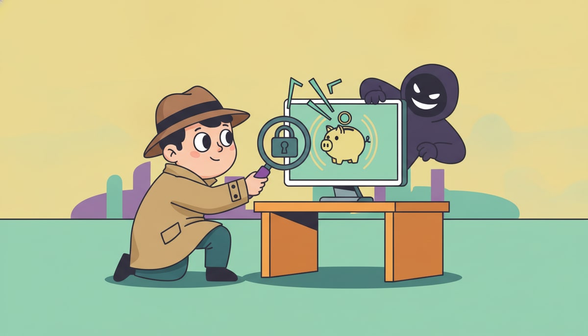 A child in a detective hat and trench coat peers through a magnifying glass at a locked, glowing piggy bank on a computer screen, while a shadowy, cartoonish hacker figure peeks from behind the monitor.