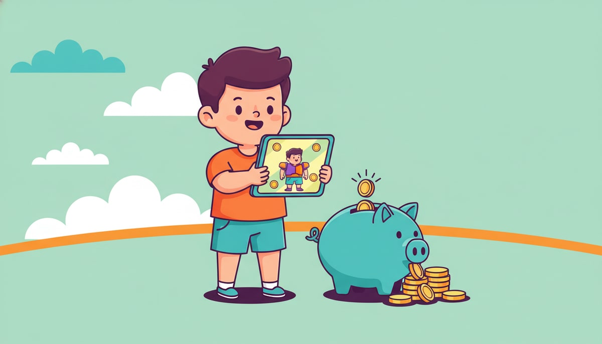 A child proudly holds up a tablet displaying a game character surrounded by glowing digital coins, while a stack of physical coins overflows from a nearby piggy bank.