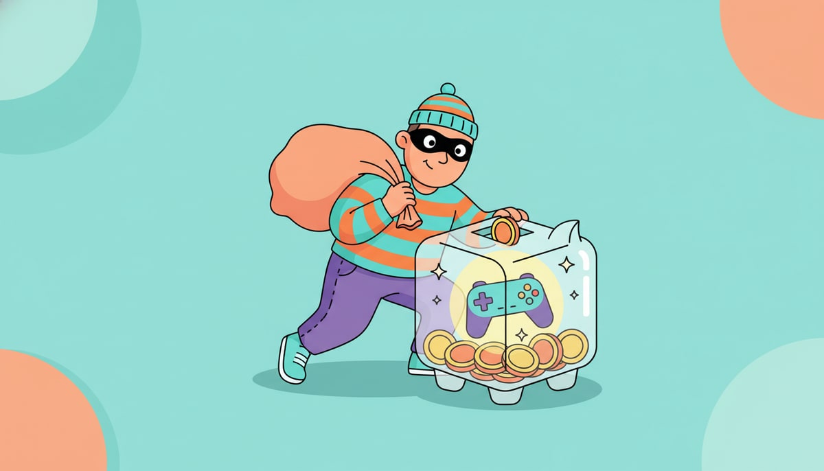 A mischievous masked bandit, wearing a striped shirt and carrying a small sack, peeks into a transparent digital piggy bank filled with shimmering coins and a glowing video game controller.
