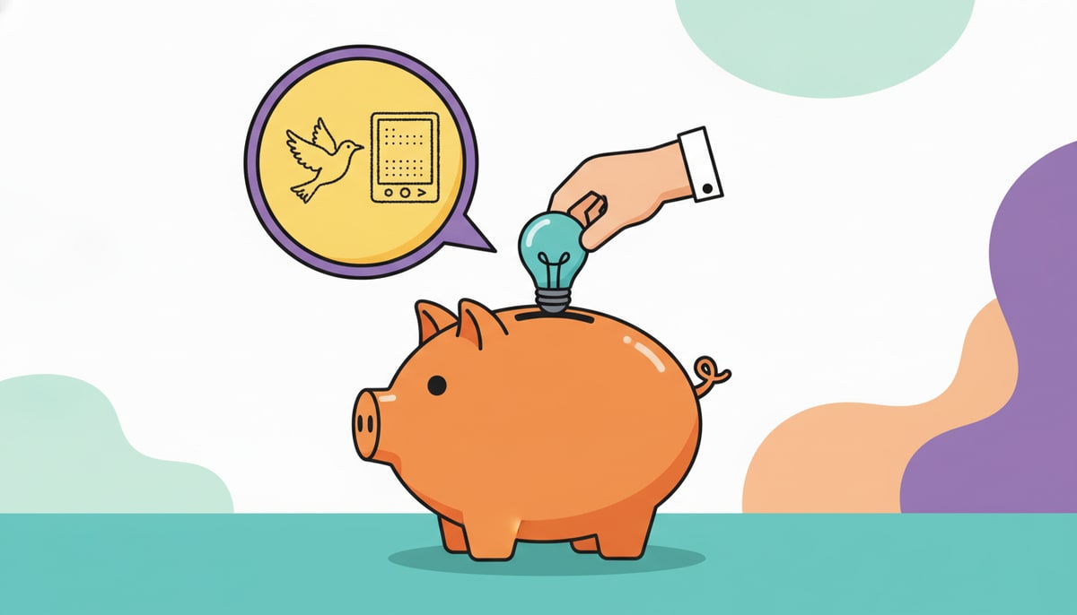 A lightbulb with a thought bubble above it containing a simple sketch of a bird and an e-ink frame, is being carefully placed into a piggy bank by a child's hand.