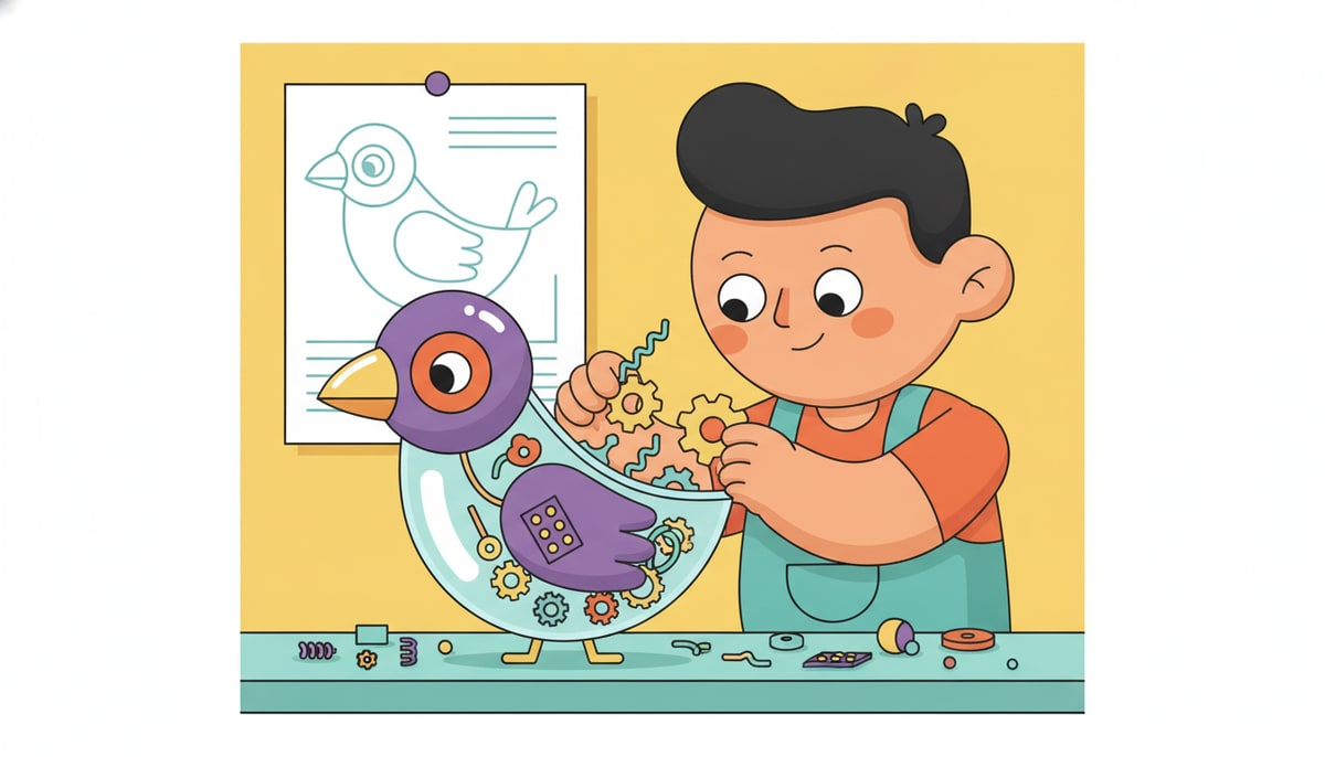 A child carefully places tiny gears, wires, and a small circuit board into the transparent plastic shell of an unfinished bird-drawing machine.