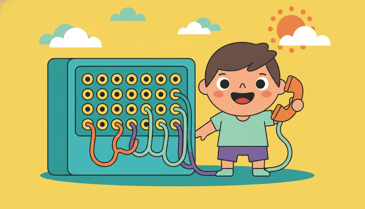 A smiling child with a toy phone stands next to an old-fashioned telephone switchboard with colorful cords and jacks.