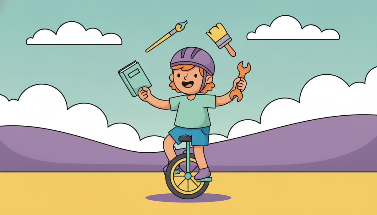 A child confidently rides a unicycle while juggling three different-shaped objects (a book, a paintbrush, and a wrench).