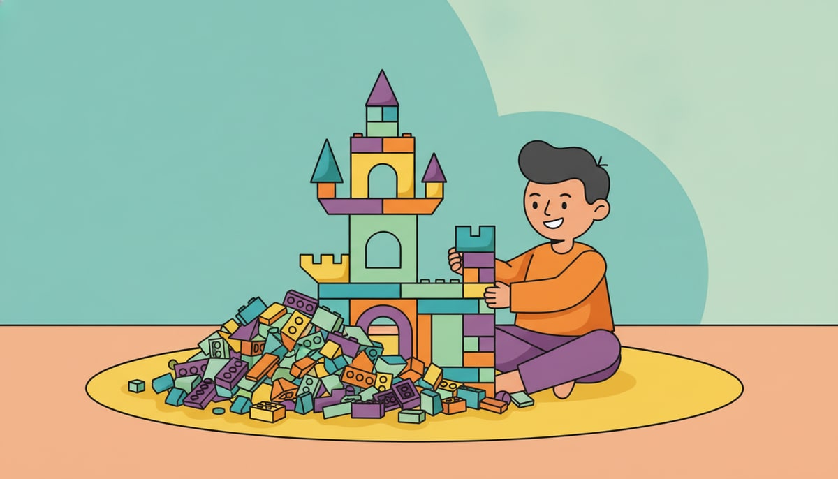 A child happily building a unique, multi-colored LEGO castle using a pile of individual, loose LEGO bricks of various shapes and sizes.