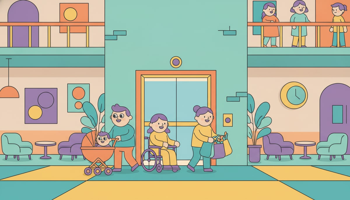 A busy, multi-story building lobby with a child in a stroller, a person in a wheelchair, and someone carrying heavy grocery bags all waiting happily near an open elevator door.