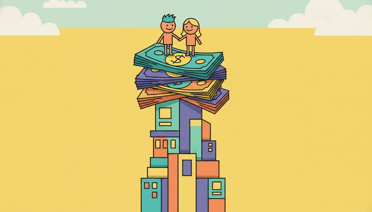 A tiny, smiling stick figure couple poses on a massive stack of oversized, colorful bills labeled only with generic coin symbols, teetering precariously atop a very tall, stylized building.