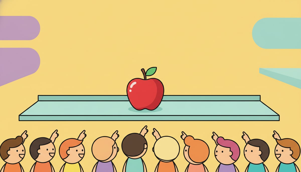 A single, shiny red apple sits alone on a large, empty store shelf while a long line of eager children stretches into the distance, pointing towards it.