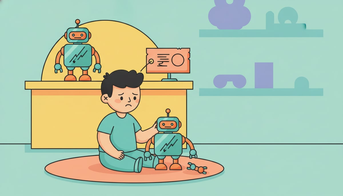 A child sadly holds a broken toy robot with a detached arm, while a shiny new, identical toy robot sits on a store shelf in the background with a high price tag.