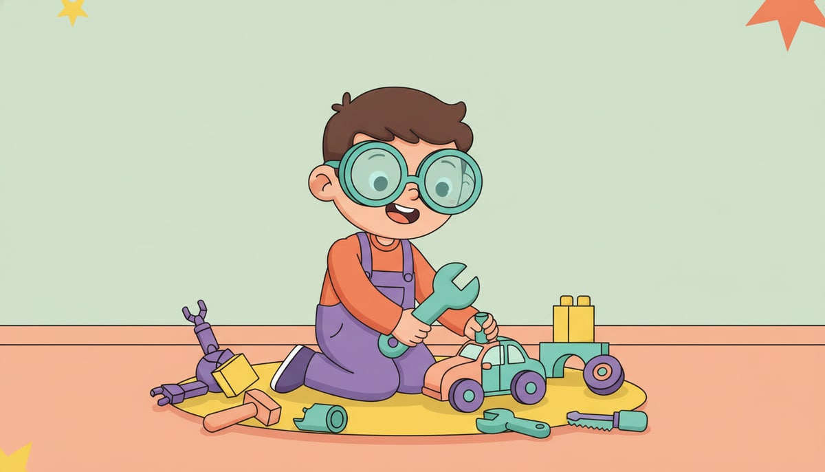 A young child, wearing oversized safety glasses, happily uses a small toy wrench to tighten a wheel on their broken toy car, surrounded by other disassembled toys and kid-friendly tools.