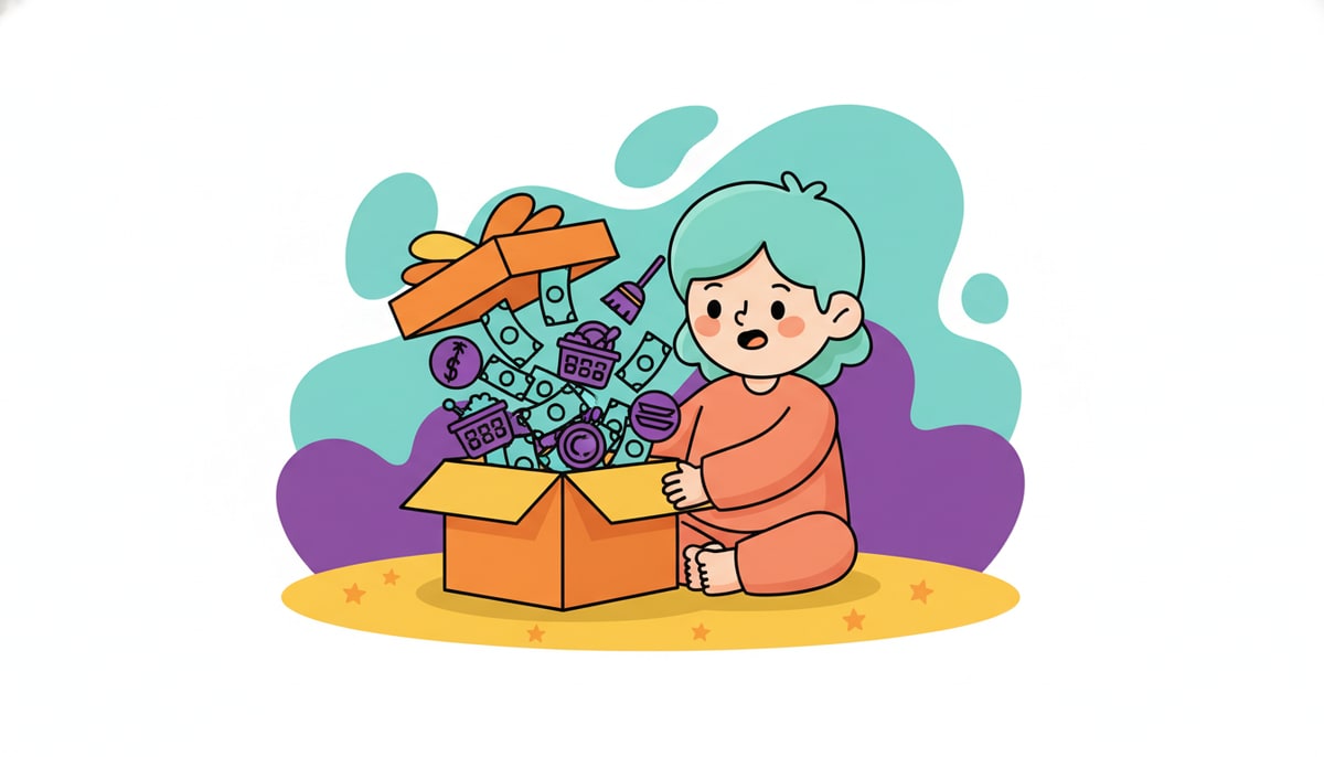 A kid happily unwraps a bright gift box labeled "FREE," only to find an unexpected, tangled mess of bills and chores spilling out from inside.