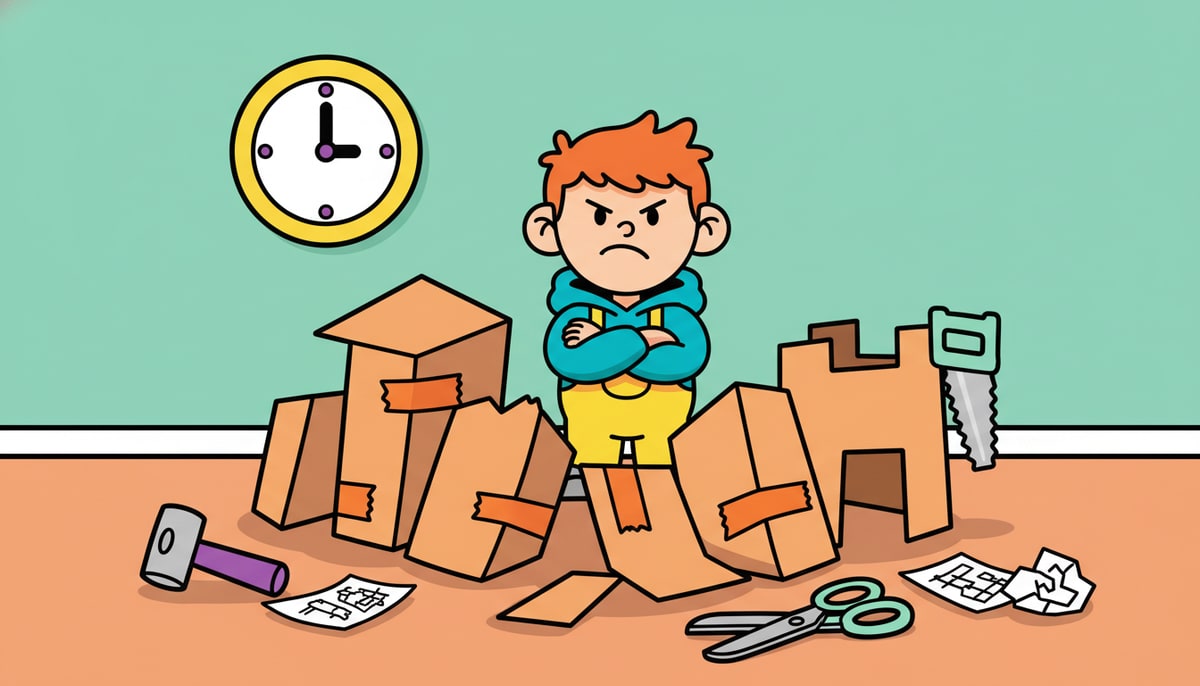 A child stands frustrated in front of a half-built, wobbly cardboard fort, surrounded by scattered tools and discarded designs, while a clock on the wall shows time passing.