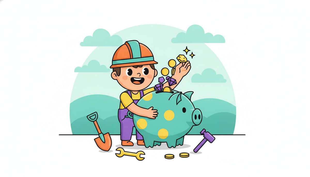 A wide-eyed child in a hard hat beams, holding a small, sparkling gold nugget in one hand and a giant overflowing piggy bank in the other, with construction tools scattered nearby.