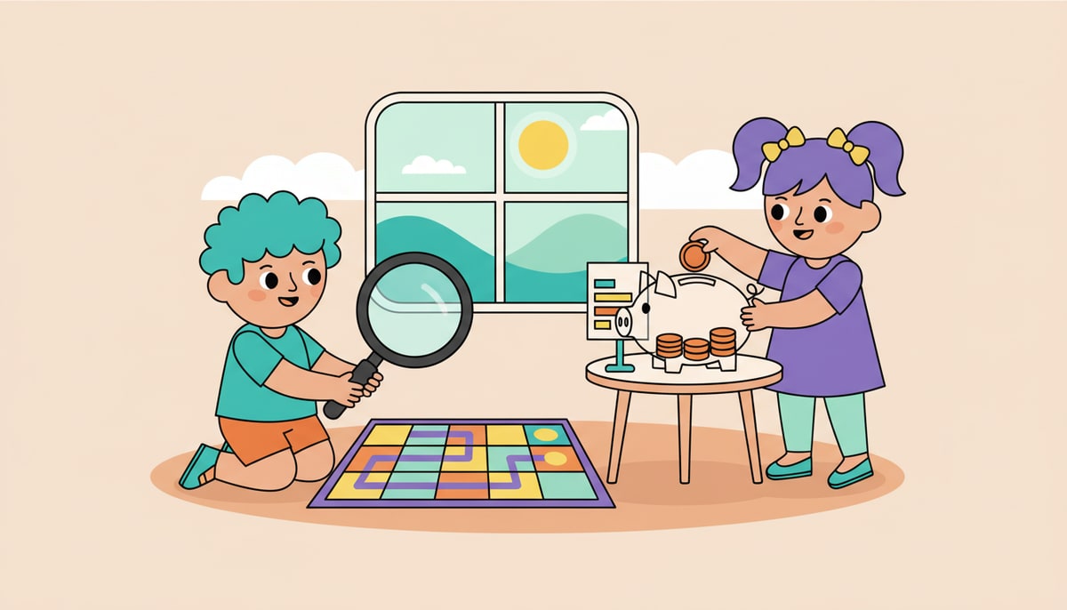 A child with a magnifying glass points to a specific square on a game board, while another child thoughtfully places a coin into a transparent piggy bank next to a small, labeled chart.