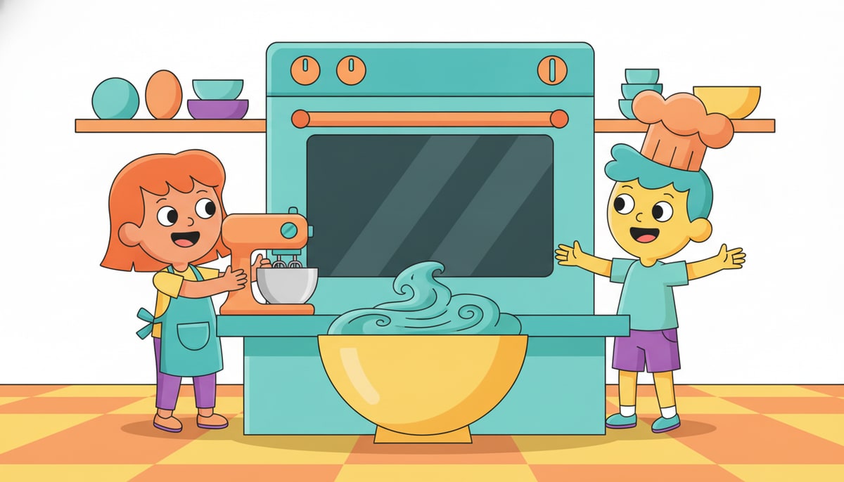 Two kids in a kitchen, one holding a powerful stand mixer, the other gesturing proudly towards a massive oven, both looking at a comically oversized cake batter bowl.