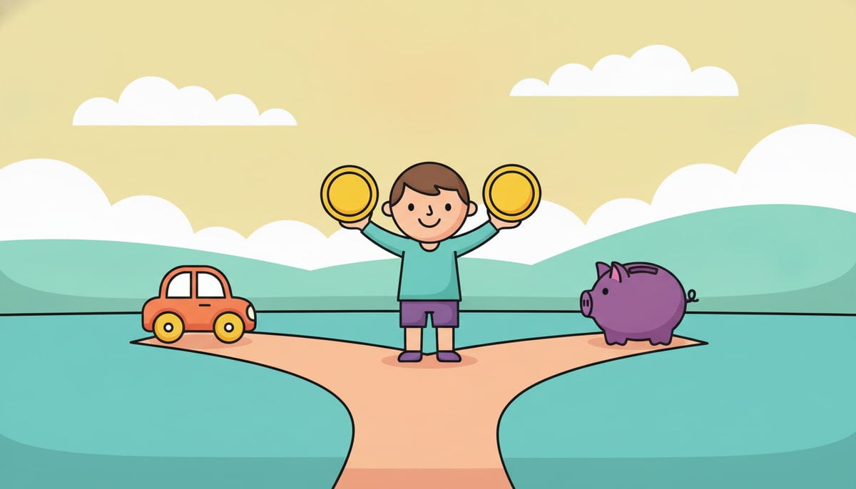 A child holding two coins stands at a simple fork in a path, one direction leading to a small toy car and the other to a piggy bank.