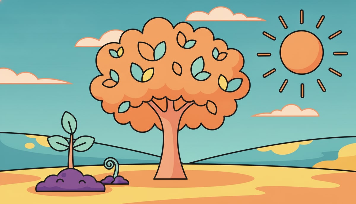 A small sapling planted in fertile ground, with a tiny sprout next to it, and a much larger, leafy tree in the background, all bathed in warm sunlight.