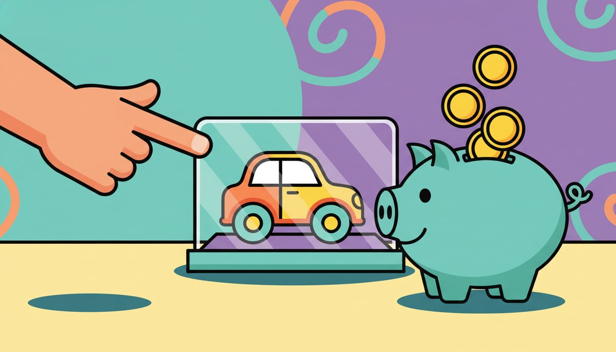 A child's hand points excitedly at a toy car inside a clear plastic display case, with coins already visible in a piggy bank nearby.