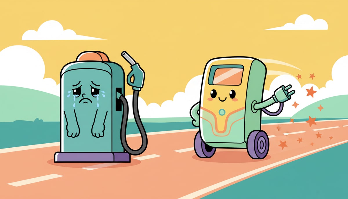 A large, friendly, cartoonish gasoline pump looking sad and deflated as a new, sleek electric charging station cheerfully zooms past it on a road.