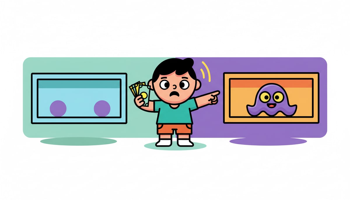 A child looks at an empty toy shelf, holding money, then turns to point excitedly at a different, unexpected toy on a nearby shelf.