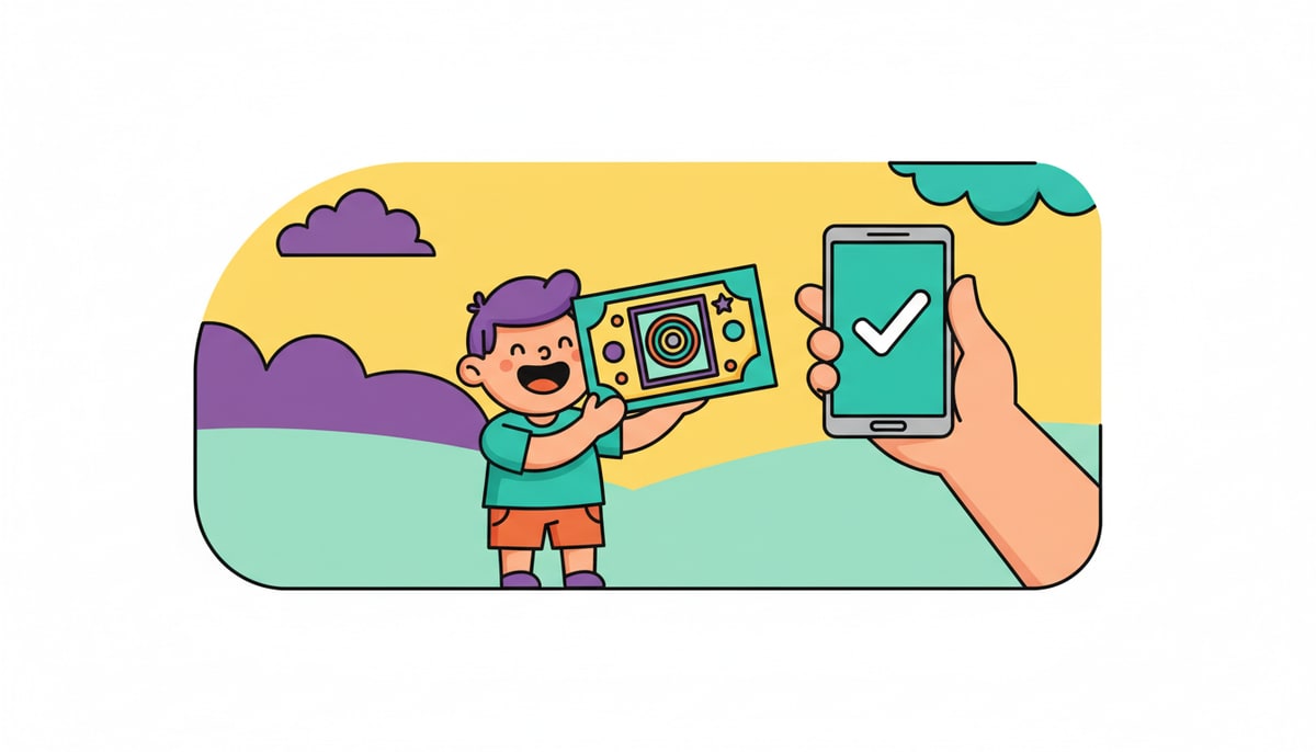 A child excitedly holds a freshly printed, colorful play dollar bill with a whimsical patterned square where a QR code would be, while a parent's hand holds a smartphone, its screen displaying a green checkmark.