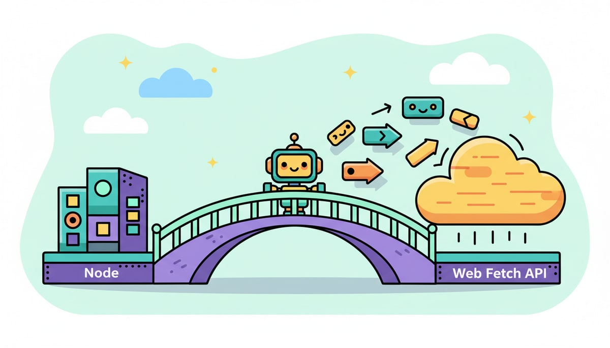 A small, friendly-looking robot stands on a bridge spanning a gap between two distinct, cartoon-style building platforms, one labeled "Node" and the other "Web Fetch API," with data packets happily flowing over the bridge.
