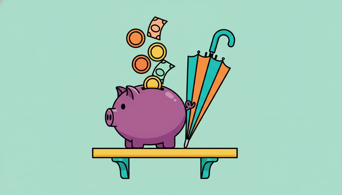 A brightly colored piggy bank sits on a shelf, overflowing with coins and a few crumpled dollar bills, but a single, prominent umbrella leans against it.
