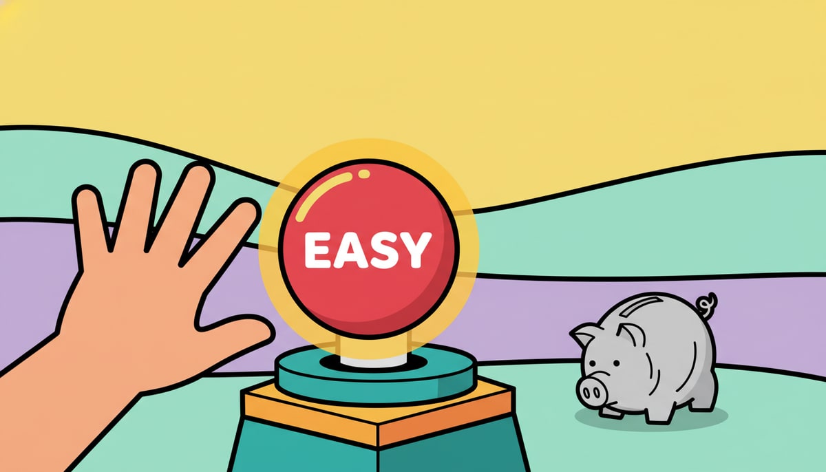 A child's hand reaches eagerly towards a cartoonish, oversized red "Easy Button" that glows invitingly on a pedestal, while a small, deflated piggy bank sits unnoticed in the background.