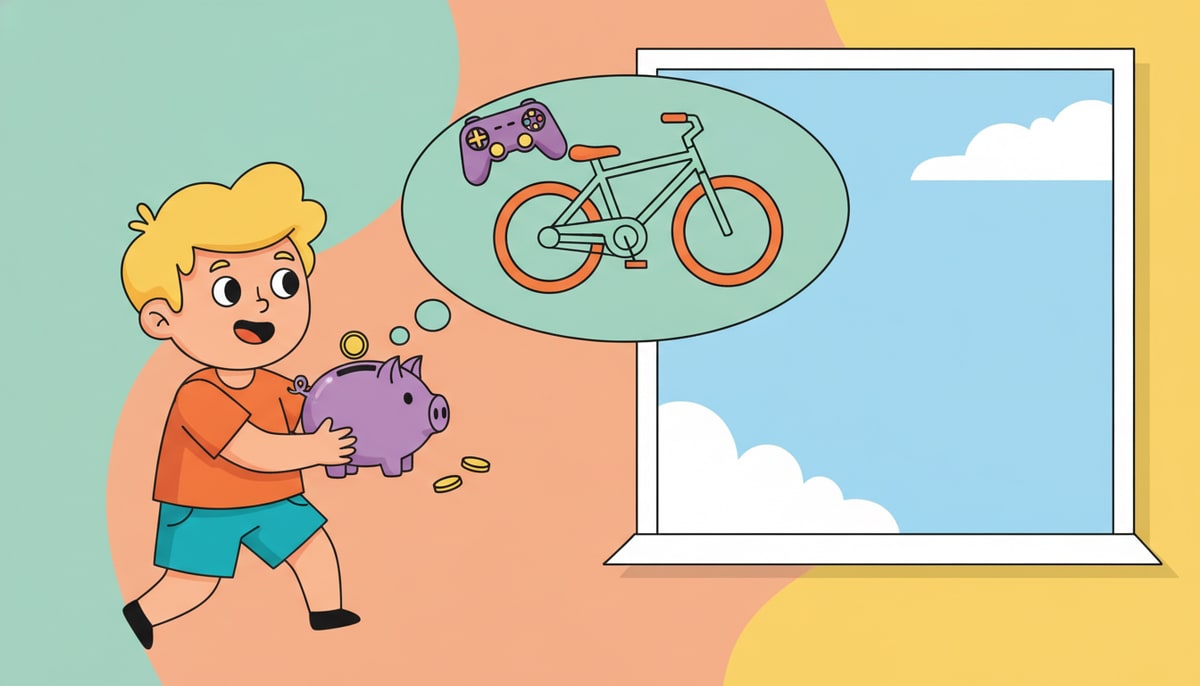 A child, with a thought bubble above their head, excitedly holds a piggy bank while looking at a bike and a video game controller displayed in a thought bubble next to the piggy bank.