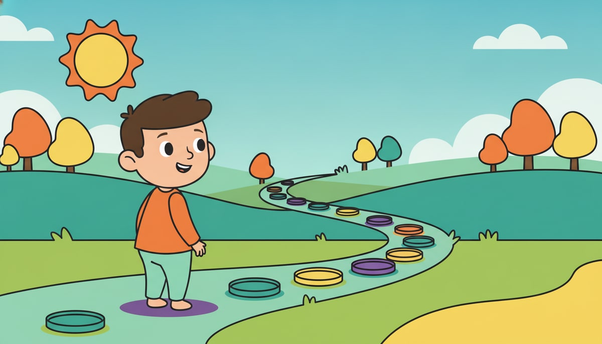 A child follows a trail of colorful coin footprints on a grassy path, looking back at where they've come from.