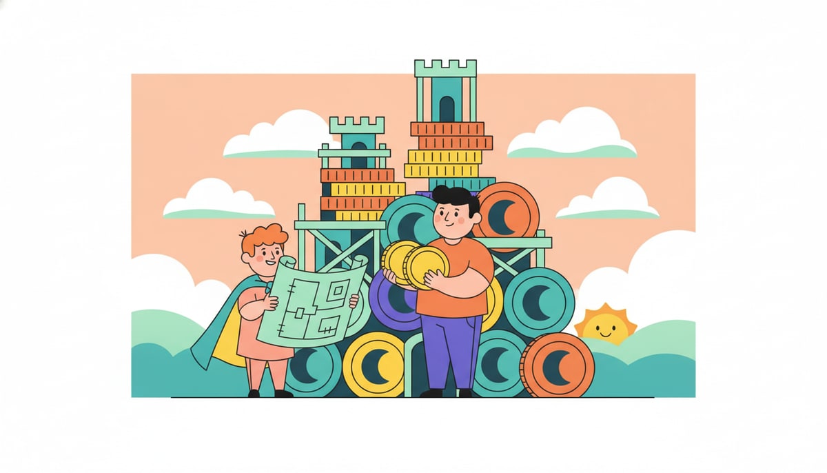 A child in a cape stands before a towering, half-built castle made of oversized coins, presenting a blueprint to a friendly, smiling adult holding a handful of even more coins.