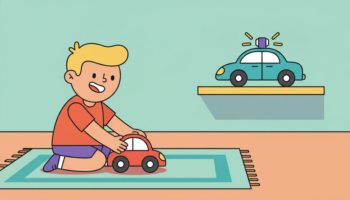 A child joyfully plays with a basic red toy car on a carpet, while a slightly newer, fancier blue toy car with flashing lights and a small speaker is visible in the background on a shelf.