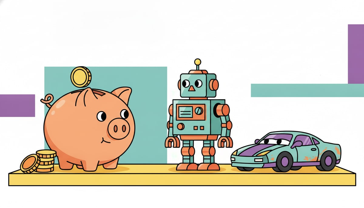 A piggy bank, with a few coins spilling out, is looking thoughtfully at a shiny new toy robot on a store shelf, while a slightly older, less shiny toy car sits beside it.