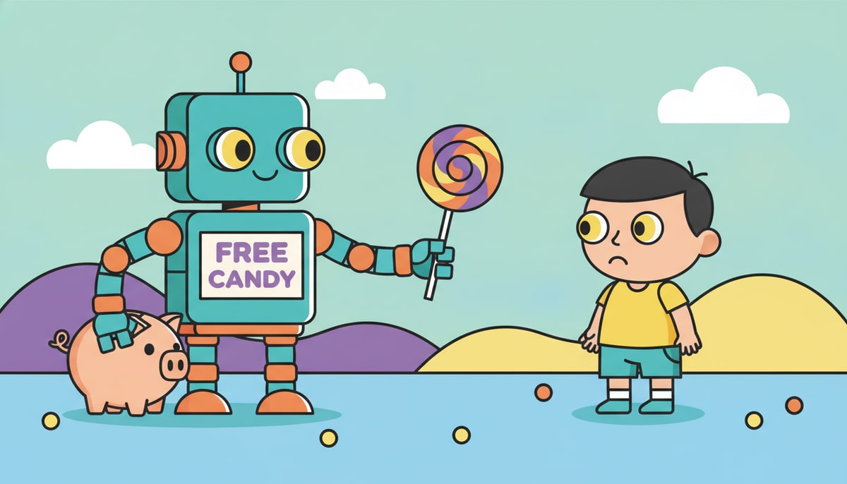 A friendly-looking robot with a "free candy" sign on its chest extends a tempting lollypop to a wary child, while its other hand is secretly reaching for the child's piggy bank.