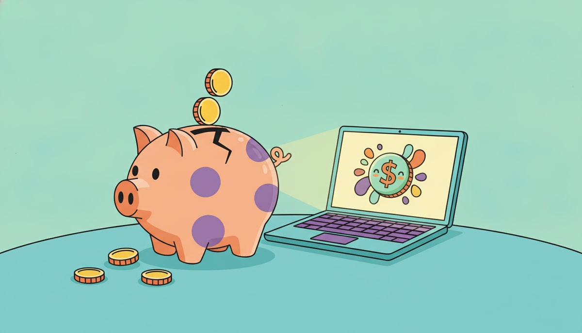 A piggy bank, cracked open with a few coins spilling out, sits next to a glowing laptop screen displaying a whimsical "job offer" graphic with a smiling cartoon dollar sign.