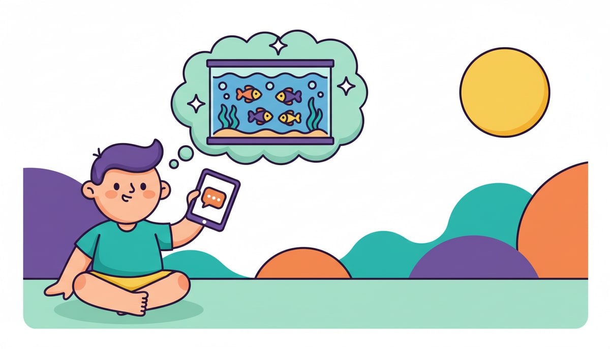 A child with a thought bubble of a sparkling fish tank full of colorful fish, while their hand holds a tablet displaying a simple, abstract chat bubble icon.