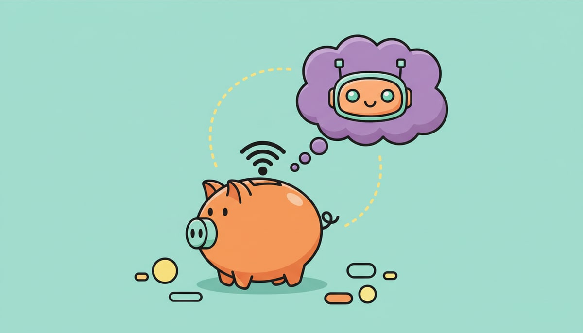 A child's piggy bank with a tiny Wi-Fi antenna sticking out, wirelessly connected to a thought bubble above it containing a miniature, simplified, smiling AI robot head.