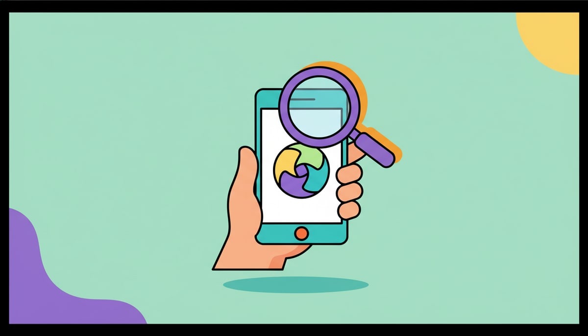 A smiling cartoon hand holds up a smartphone displaying a colorful app store icon, with a playful magnifying glass hovering over the screen.