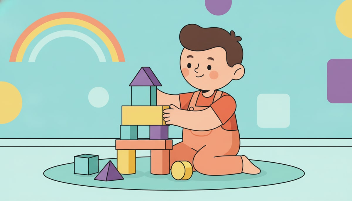 A young child diligently stacks colorful building blocks into a towering, intricate structure, with some fallen blocks scattered nearby, indicating past attempts.
