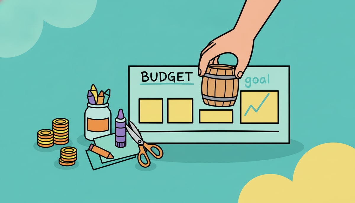 A child's hand carefully places a miniature, unpainted wooden barrel onto a small, hand-drawn budget chart with coin piles next to different craft supplies.