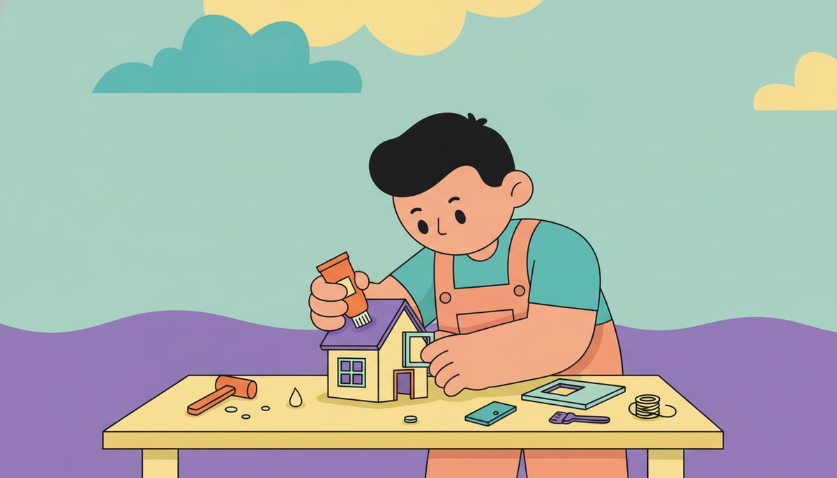 A child carefully glues a tiny, intricate window frame onto a miniature house, surrounded by other half-finished miniature pieces and small tools.