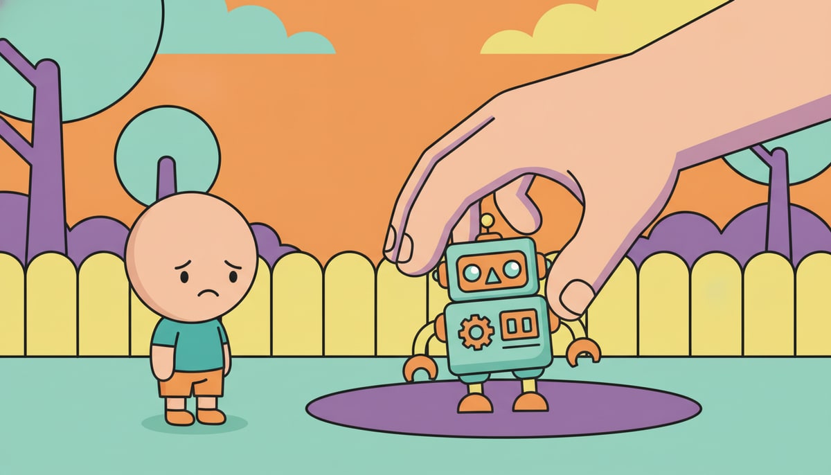 A child sadly watches from a distance as a giant hand with a serious expression removes a beloved toy robot from a designated play area.