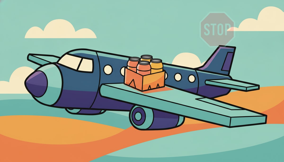 A small, innocent-looking six-pack of beer sits prominently on the wing of a large, serious-looking airplane, with a bright red "STOP" sign icon faintly visible in the background.