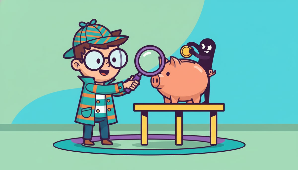 A young detective with a magnifying glass examines a piggy bank, while a small, shadowy figure tries to sneak a gold coin out the back.