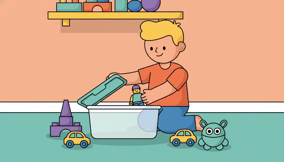 A child carefully places a single, beloved Lego minifigure into a small, clear plastic container with a secure lid, surrounded by other neatly organized toys.
