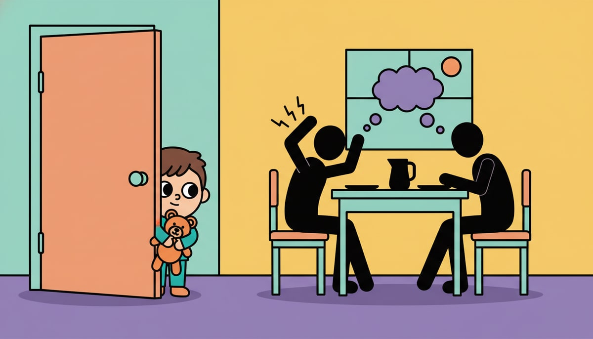 A child peeking from behind a door, holding a teddy bear, watching two silhouetted adult figures at a kitchen table, one with hands thrown up in exasperation.
