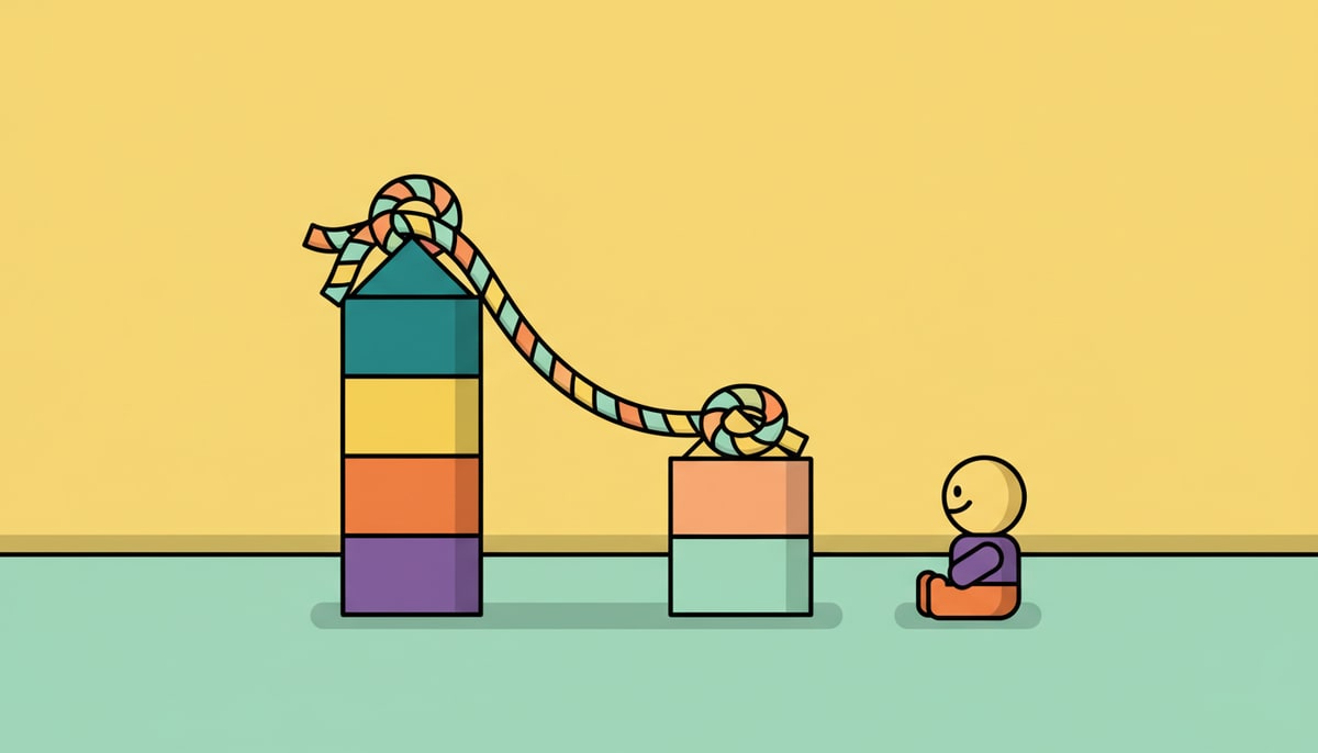 Two toy block towers, one taller and representing a "promise," stand on a rug, connected by a brightly colored rope tied between them, while a smaller, separate toy figure quietly observes from a distance.