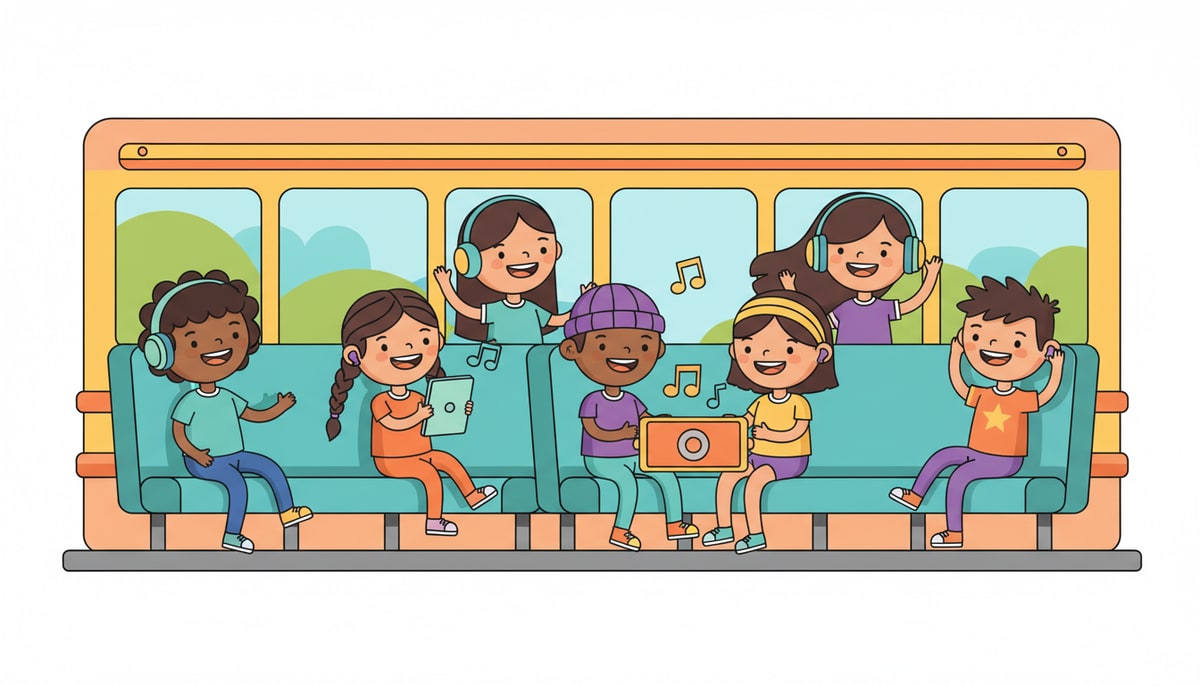A diverse group of kids of various ages are happily listening to music through headphones, earbuds, and a shared portable speaker while riding a school bus.