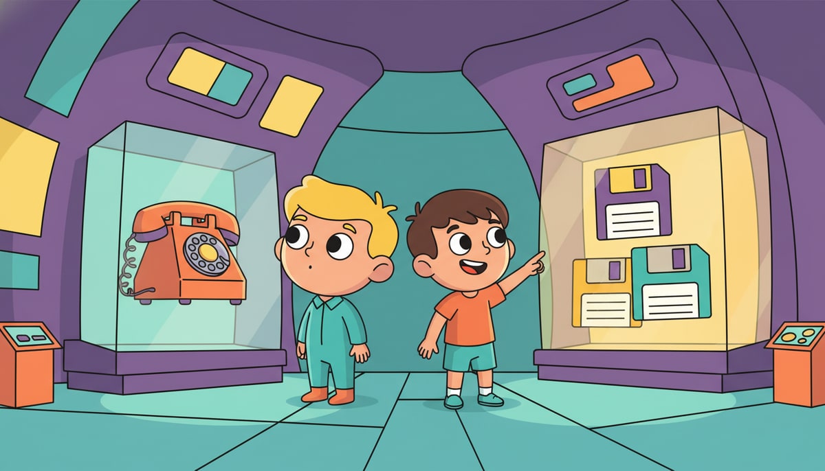 A child marvels at an antique rotary phone displayed in a glowing, futuristic museum exhibit, while another child points at a colorful floppy disk.