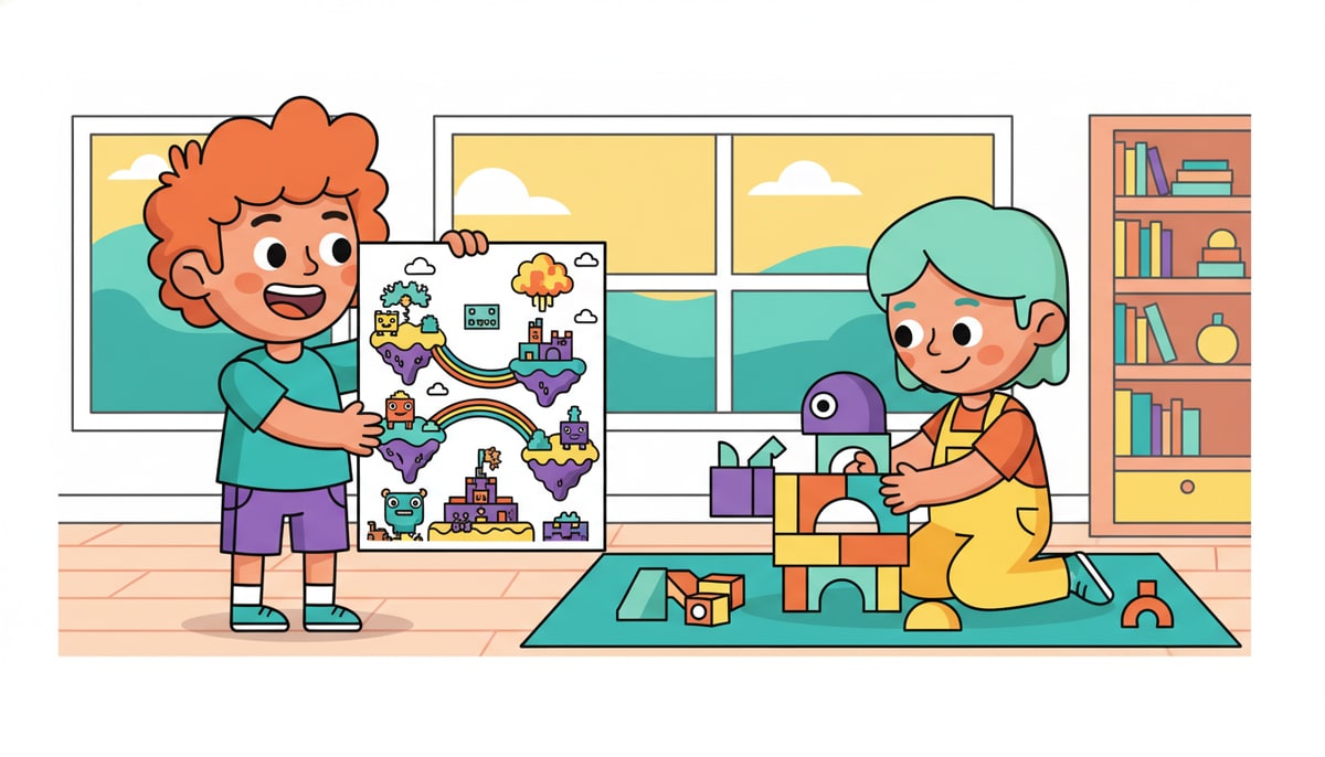 A child proudly holds up a detailed drawing of a fantastical video game world, while another child nearby carefully assembles a unique, multi-part toy design from colorful building blocks.